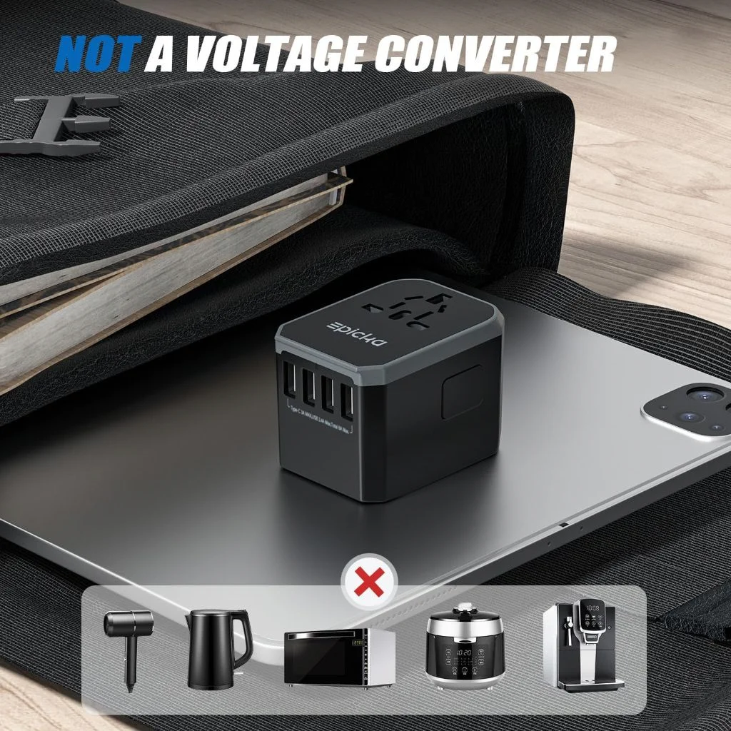 Epicka universal travel adapter with USB ports, not a voltage converter.