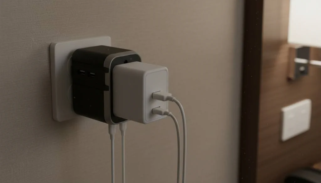 Compact black universal travel adapter plugged into a vertical wall socket, securely supporting a heavy white laptop charging brick and three USB cables. Compact black universal travel adapter plugged into a vertical wall socket, securely supporting a heavy white laptop charging brick and three USB cables.