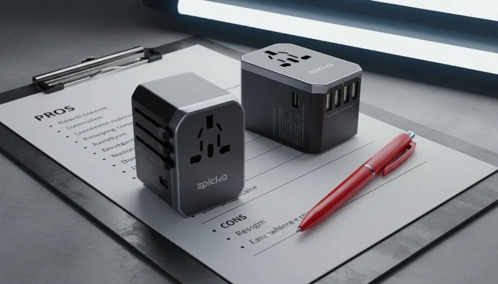 Two charcoal-gray universal travel adapters with USB ports and silver trim sit on a metallic inspector's clipboard next to a checklist and red pen. Two charcoal-gray universal travel adapters with USB ports and silver trim sit on a metallic inspector's clipboard next to a checklist and red pen.