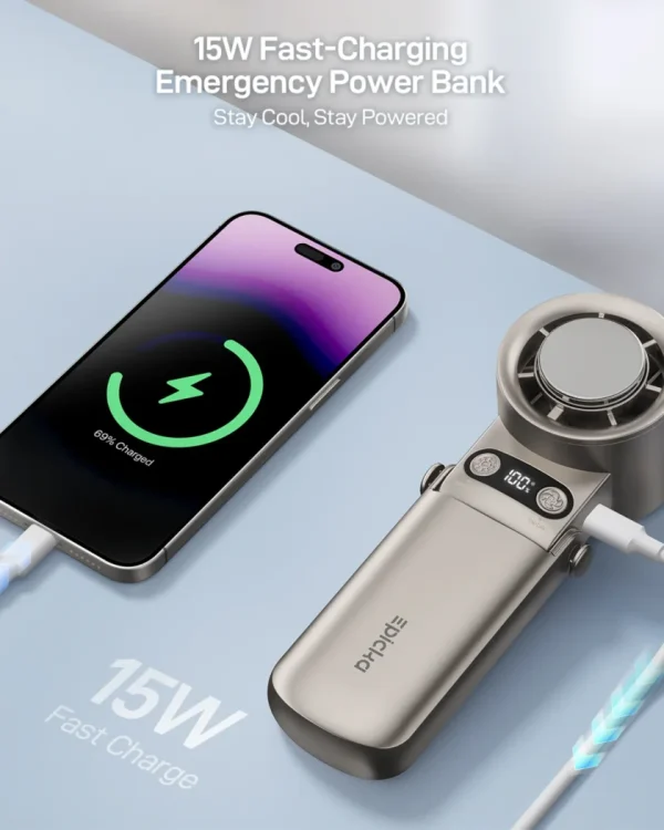 15w-foldable-turbo-handheld-fan-power-bank EPICHA 15W fast-charging emergency power bank with fan, charging a smartphone.
