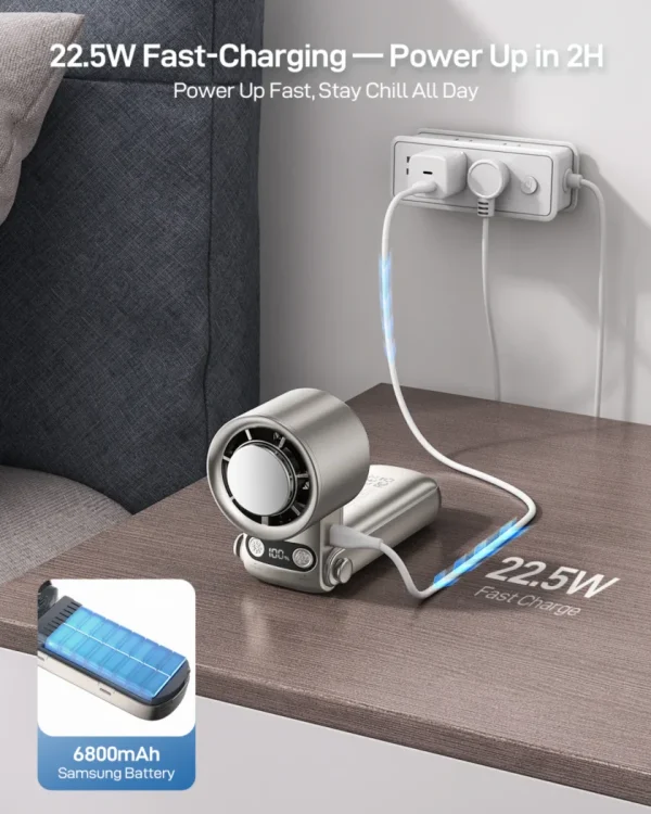 225w-fast-charging-foldable-turbo-handheld-fan Portable fan power bank with 6800mAh Samsung battery, 22.5W fast charging.