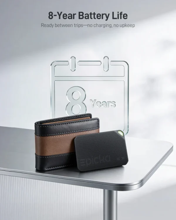 8-year-battery-life-finder-card-tagie-slim Epicka smart tracker and wallet, showcasing 8-year battery life