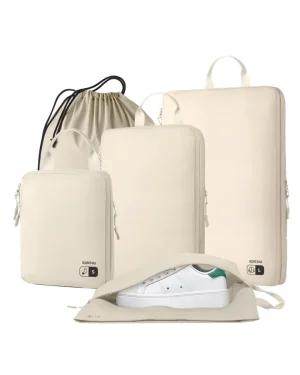 beige-nylon-compression-packing-cubes-set Epicka cream travel organizer set with packing cubes, shoe bag, and drawstring pouch