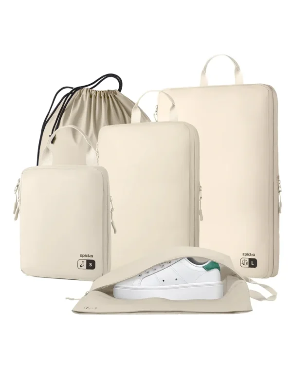 beige-nylon-compression-packing-cubes-set Epicka cream travel organizer set with packing cubes, shoe bag, and drawstring pouch