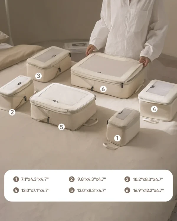 cream-different-size-mesh-packing-cubes-set Cream packing cubes set with clear tops in various sizes for travel organization.