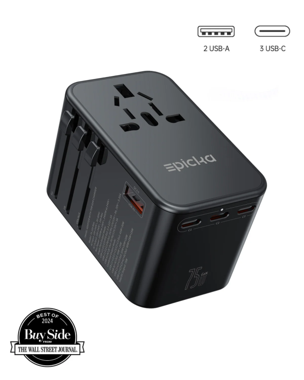 epicka-ta-105-max-75w-travel-adapter-charger Epicka 75W GaN universal travel adapter with 3 USB-C and 2 USB-A ports, Wall Street Journal Best of 2024 award.