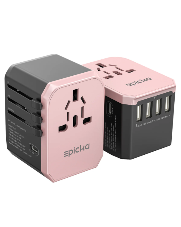 epicka-ta-105-pink-travel-adapter Pink Epicka universal travel adapter charger with USB-C and multiple USB ports