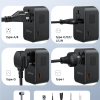 epicka-universal-adapter-ta-105-max-75w Epicka universal travel adapter with multi-type AC sockets (A/B, C/E/F/J/L/N, G, I), USB ports, and dual voltage support.