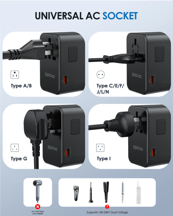 epicka-universal-adapter-ta-105-max-75w Epicka universal travel adapter with multi-type AC sockets (A/B, C/E/F/J/L/N, G, I), USB ports, and dual voltage support.