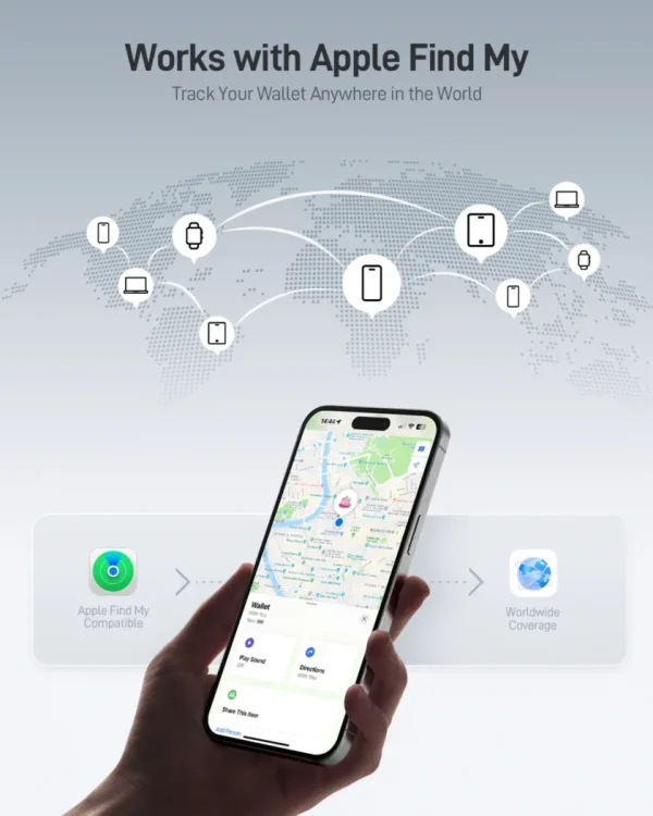 finder-card-tagie-slim-apple-find-my-wallet-tracking Apple Find My compatible wallet tracker shown on iPhone map with worldwide coverage.