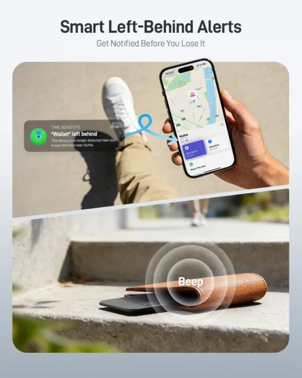 finder-card-tagie-slim-left-behind-alarm Smart left-behind alerts: phone showing lost wallet notification, wallet emitting beep sound.