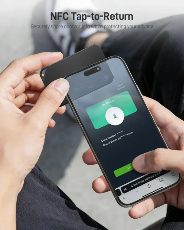 finder-card-tagie-slim-nfc-tap-to-return-setup NFC Tap-to-Return tracker tapped to smartphone for secure contact sharing.