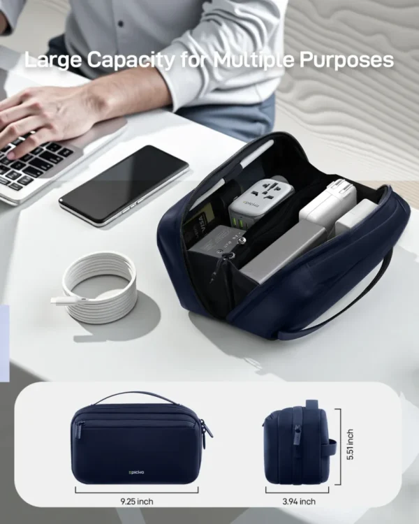 Dark blue large capacity electronics travel organizer bag.
