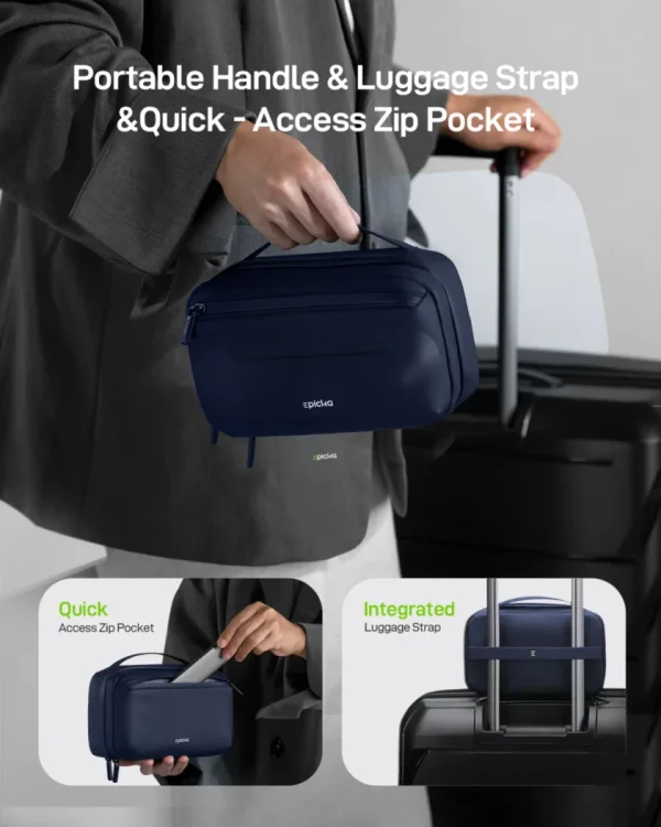Epicka navy travel pouch with portable handle, quick-access zip pocket, and integrated luggage strap.