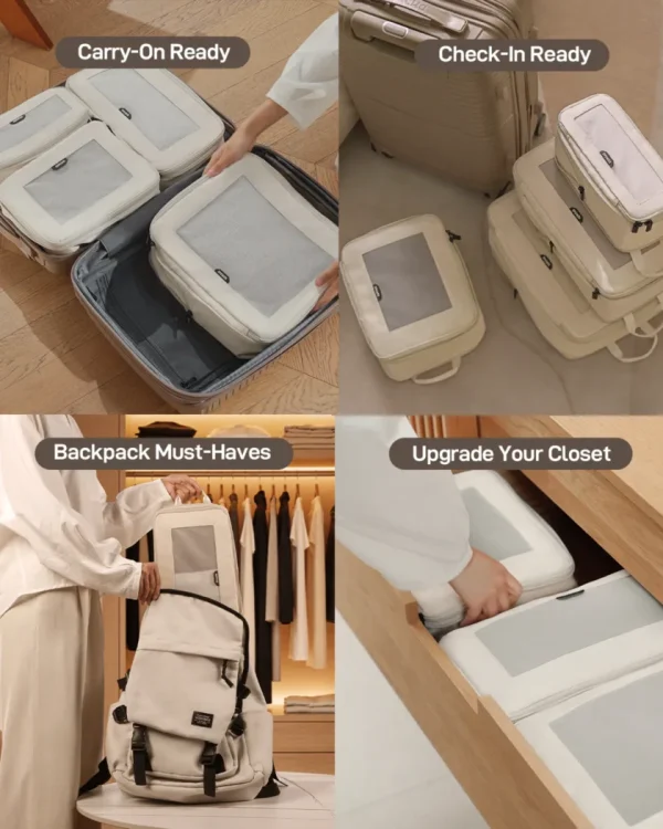 organize-everything-with-mesh-packing-cubes Light-colored packing cubes organizing carry-on, check-in luggage, backpacks, and closet drawers.