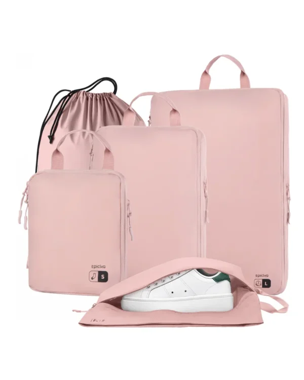 pink-nylon-compression-packing-cubes-travel-set Pink Epicka travel packing cubes, shoe bag, and drawstring pouch.