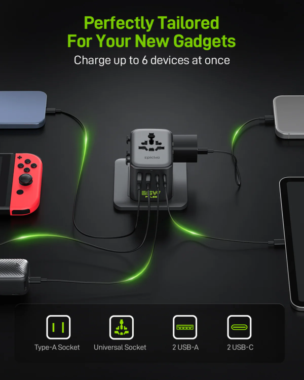 pulse-duo-65w-multi-device-charging-hub Epicka multi-port universal travel adapter charging phone, Switch, and tablet via USB-A, USB-C, and universal sockets.