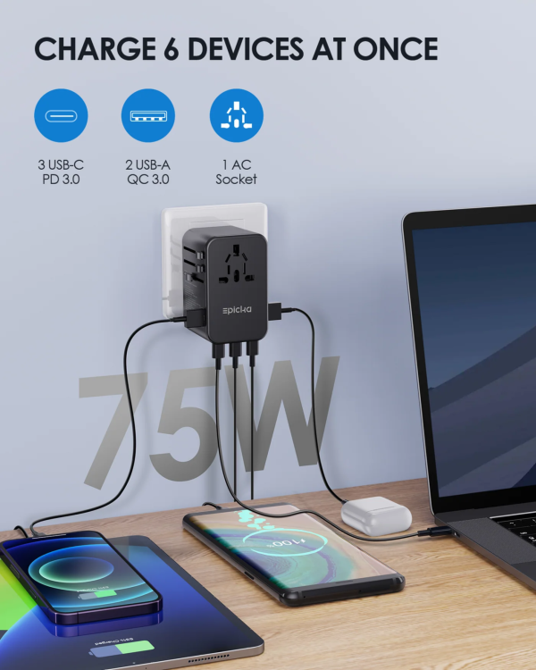 ta-105-max-75w-6-device-charger Epicka 75W universal travel adapter charging 6 devices via USB-C PD, USB-A QC, and AC socket.
