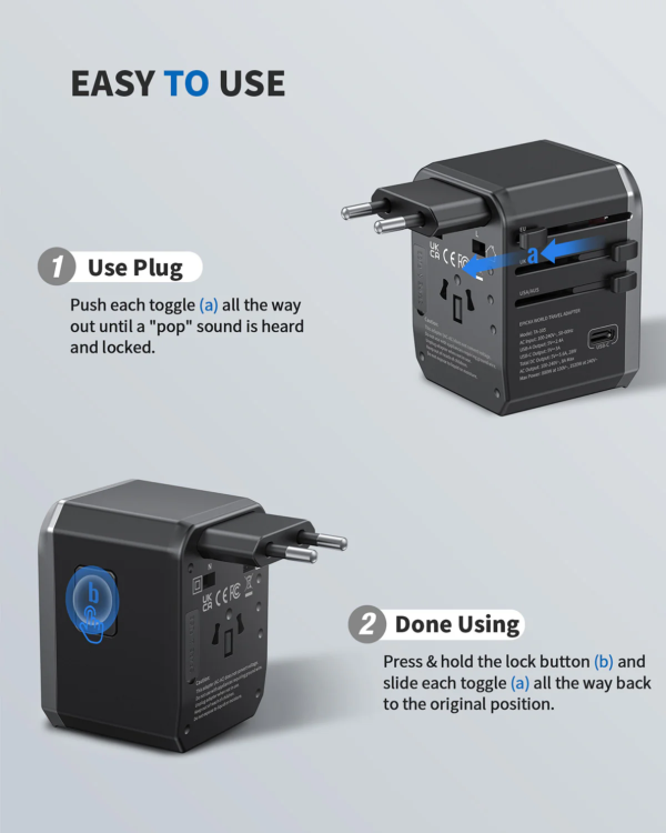 ta-105-travel-adapter-instructions EPICKA universal travel adapter how-to guide for worldwide plugs and USB ports.