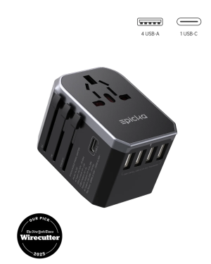 ta-105-universal-travel-adapter-usb Epicka universal travel adapter with 4 USB-A and 1 USB-C ports, Wirecutter 2025 pick.