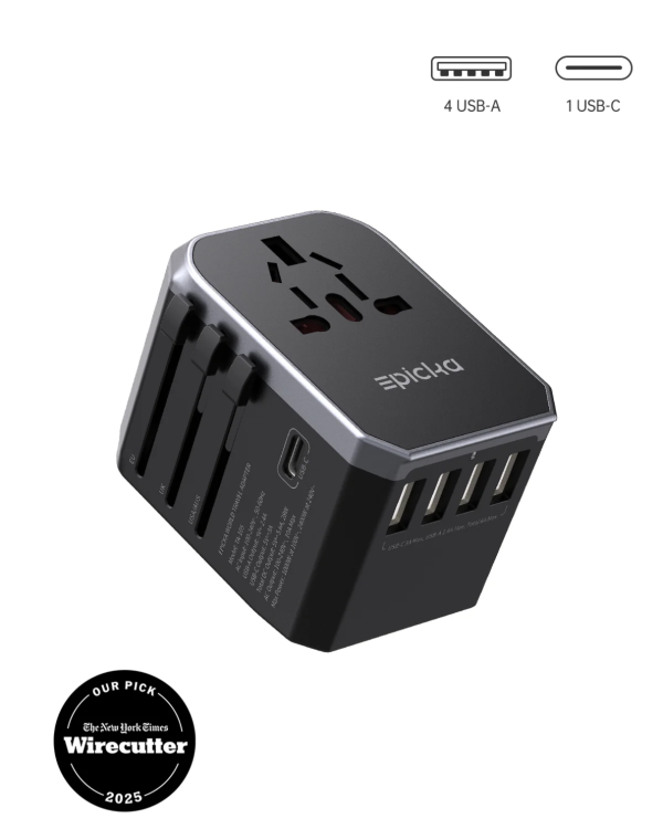 ta-105-universal-travel-adapter-usb Epicka universal travel adapter with 4 USB-A and 1 USB-C ports, Wirecutter 2025 pick.