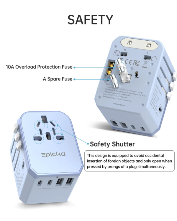 ta-105c-30w-travel-adapter-safety-features Epicka universal travel adapter safety features: 10A overload protection fuse, spare fuse, and safety shutter.