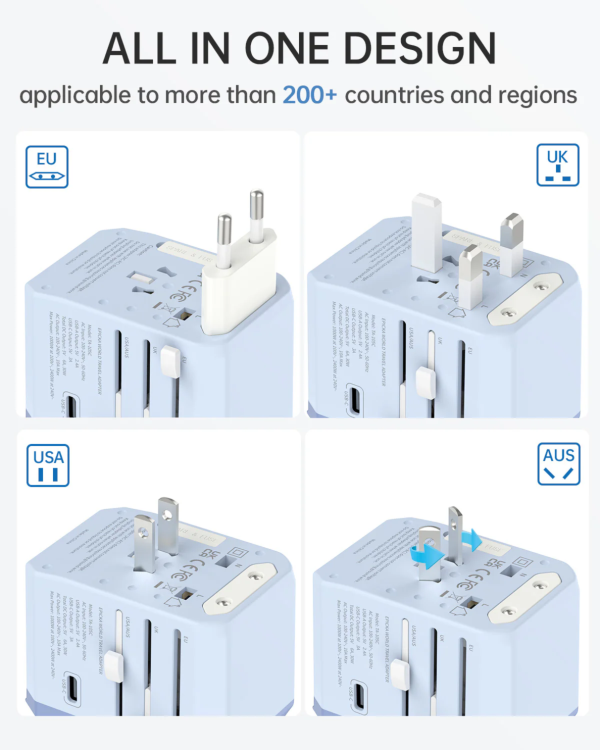 ta-105c-30w-universal-travel-adapter All-in-one universal travel adapter with EU, UK, USA, AU plugs and USB ports.