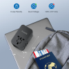 universal-travel-adapter-ta-105-max-75w Universal travel power adapter with passport and boarding pass, ideal for cruises and featuring dual voltage (100-240V).