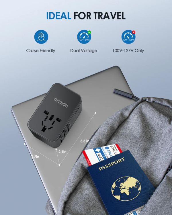 universal-travel-adapter-ta-105-max-75w Universal travel power adapter with passport and boarding pass, ideal for cruises and featuring dual voltage (100-240V).