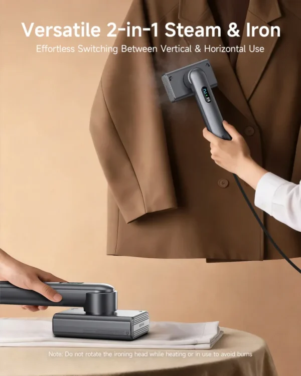 versatile-dual-voltage-global-travel-garment-steamer 2-in-1 handheld garment steamer and iron, used for vertical steaming a blazer and horizontal ironing.