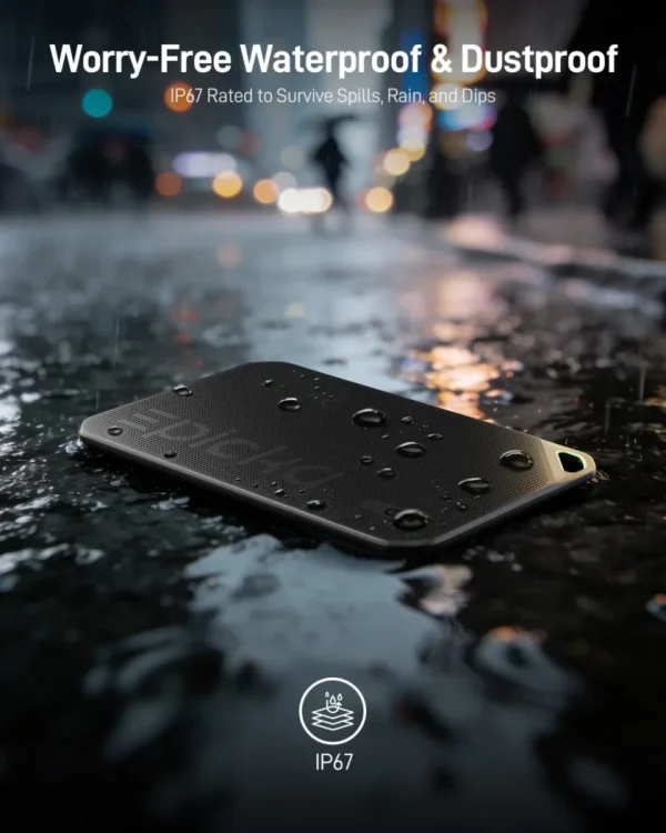 waterproof-ip67-finder-card-tagie-slim IP67 waterproof dustproof portable SSD on wet street with raindrops