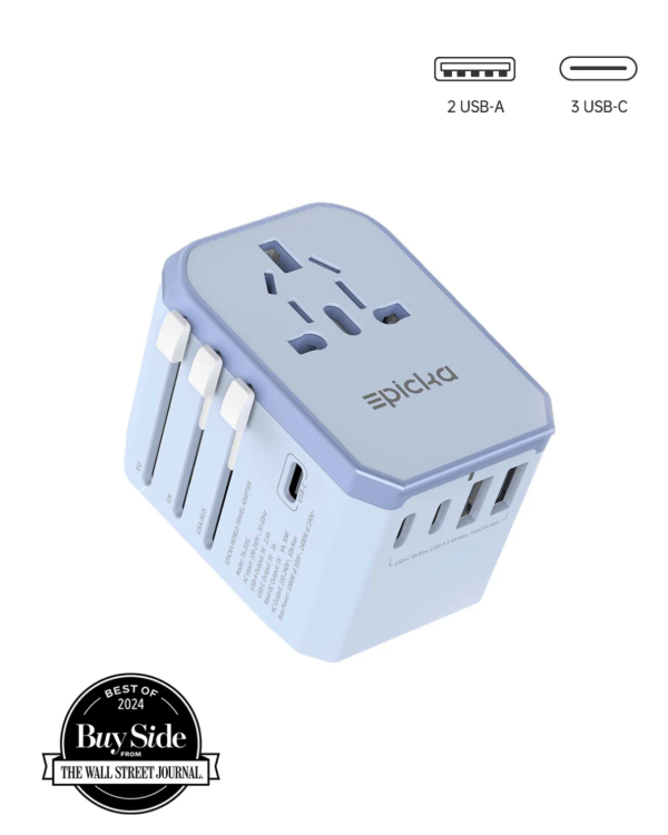 world-travel-adapter-ta-105c-30w Epicka universal travel adapter with 2 USB-A, 3 USB-C ports, international plugs, and Wall Street Journal Best of 2024 award.